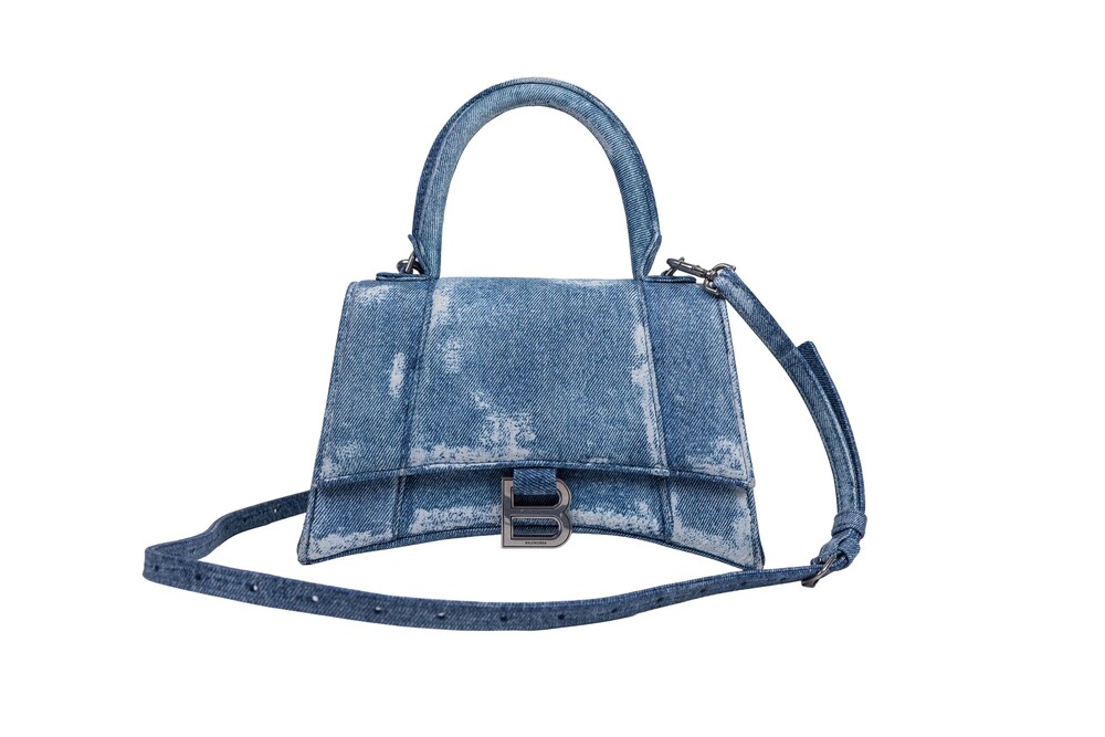 Balenciaga Blue Hourglass Small Top Handle Bag Denim Printed Leather Silver Hard